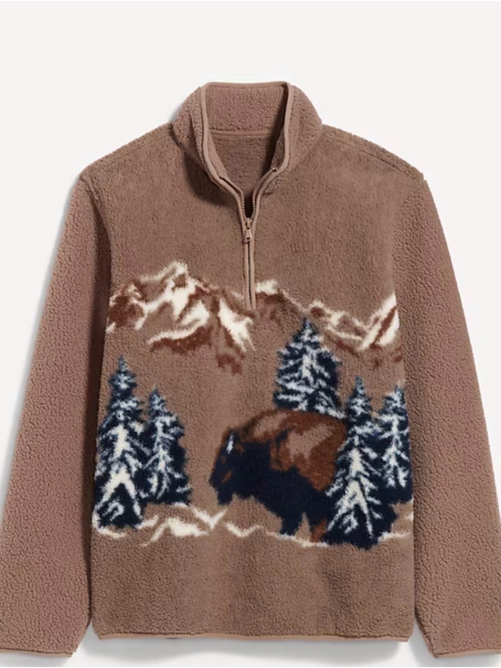 Old Navy Brown Men's Small Zip-Up Fleece Pullover with Mountain & Buffalo Design